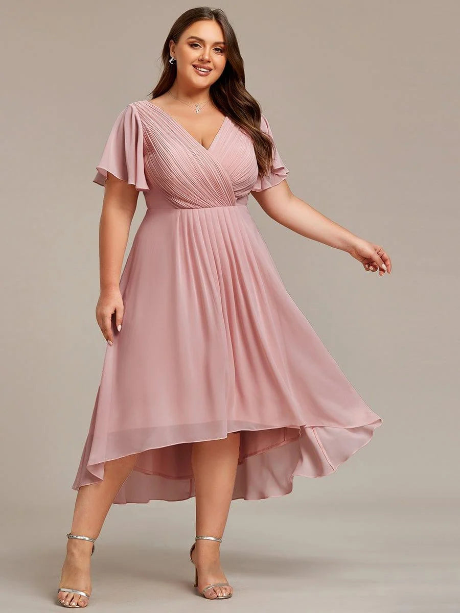 Chiffon Dress V-Neck Short Sleeve Hi-Lo Hem