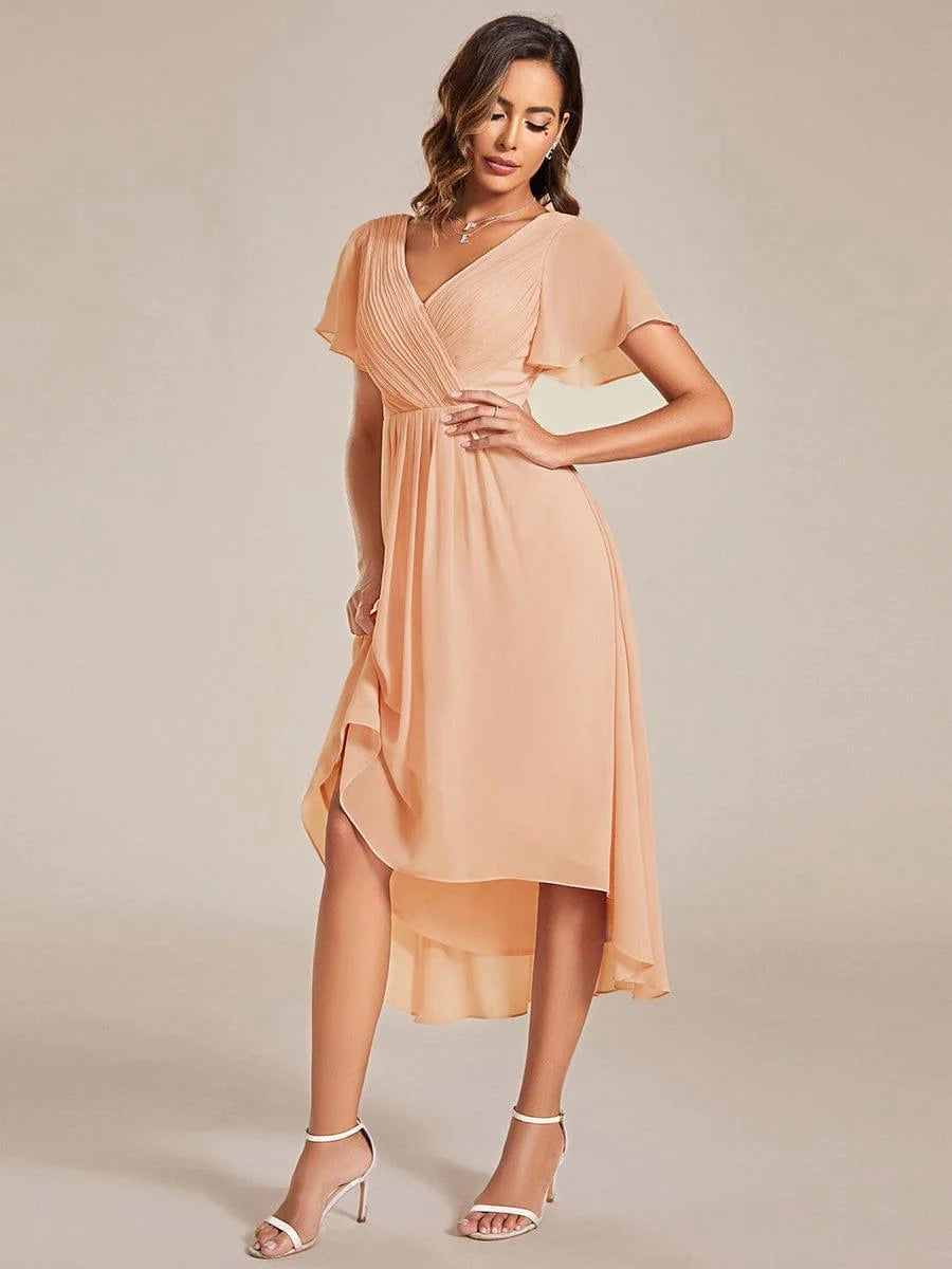 Chiffon Dress V-Neck Short Sleeve Hi-Lo Hem
