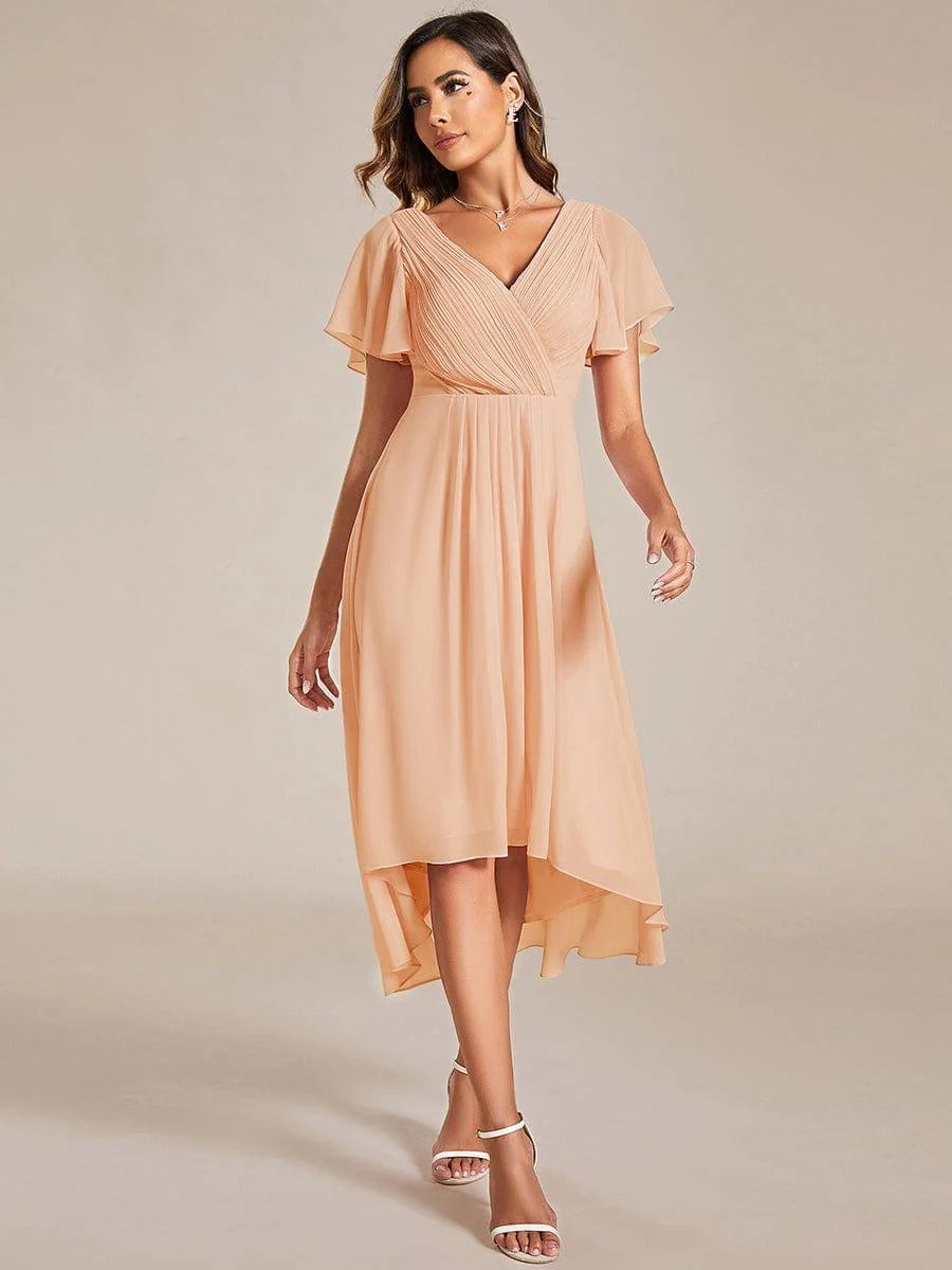 Chiffon Dress V-Neck Short Sleeve Hi-Lo Hem