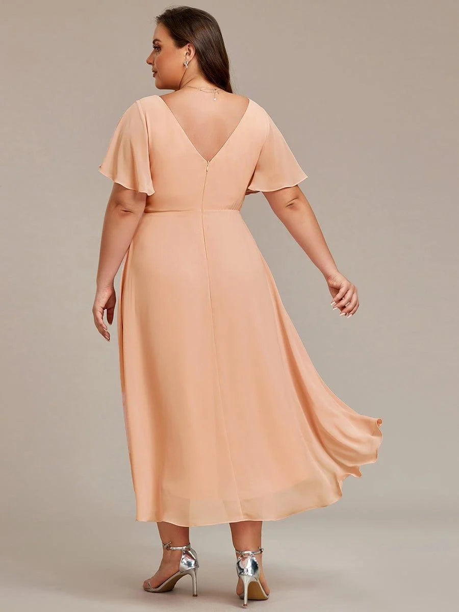 Chiffon Dress V-Neck Short Sleeve Hi-Lo Hem