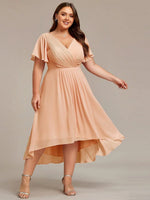 Chiffon Dress V-Neck Short Sleeve Hi-Lo Hem