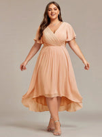 Chiffon Dress V-Neck Short Sleeve Hi-Lo Hem