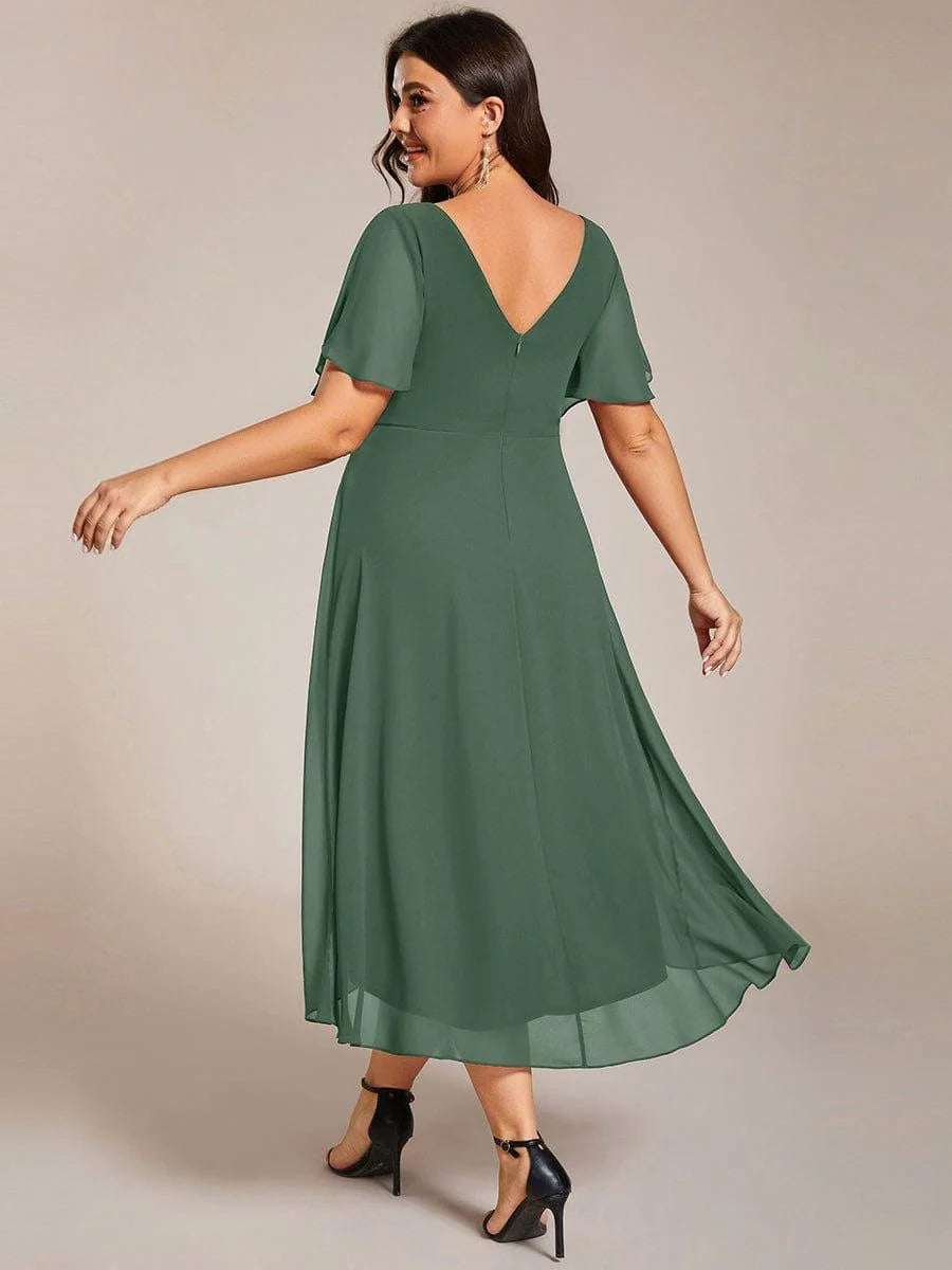 Chiffon Dress V-Neck Short Sleeve Hi-Lo Hem