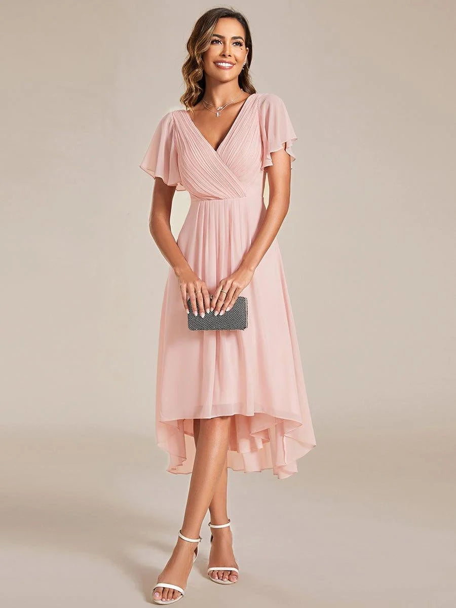 Chiffon Dress V-Neck Short Sleeve Hi-Lo Hem