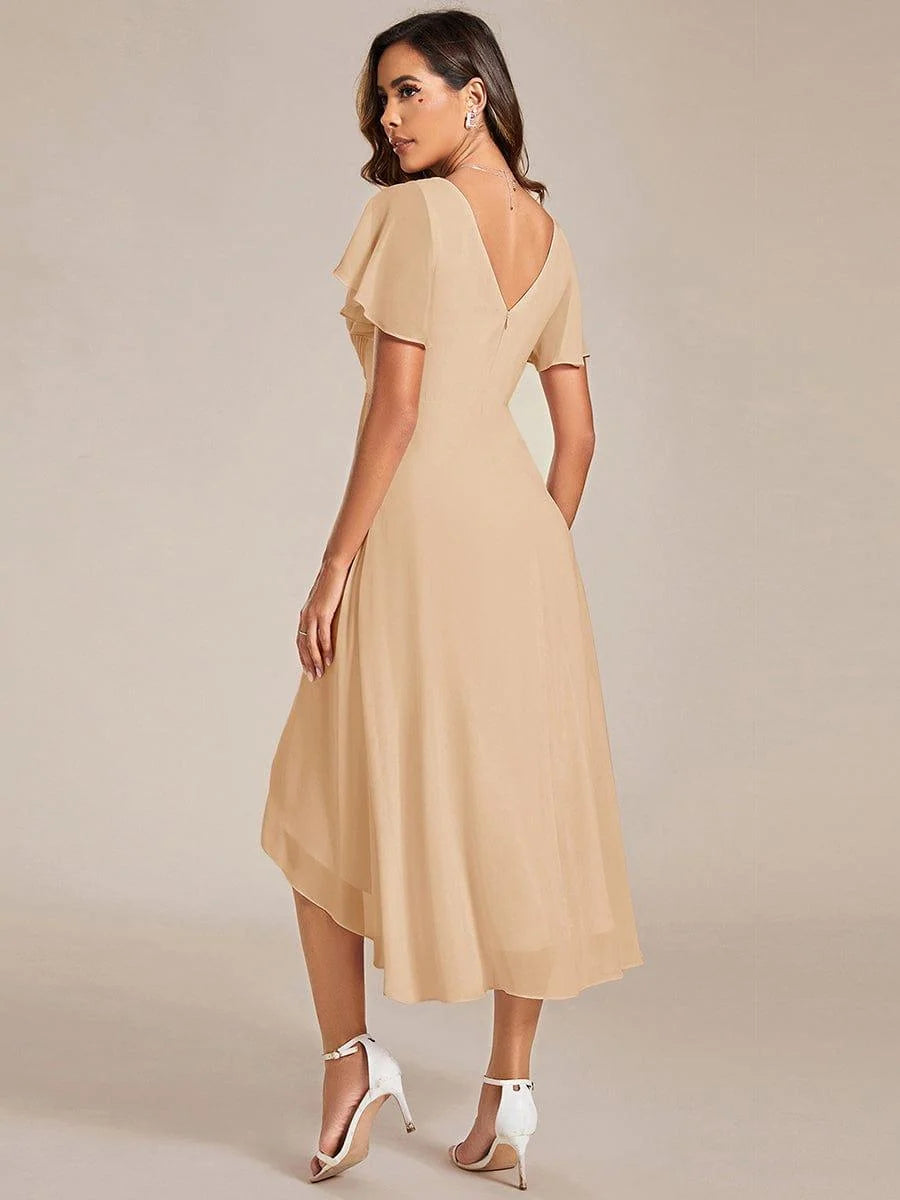 Chiffon Dress V-Neck Short Sleeve Hi-Lo Hem