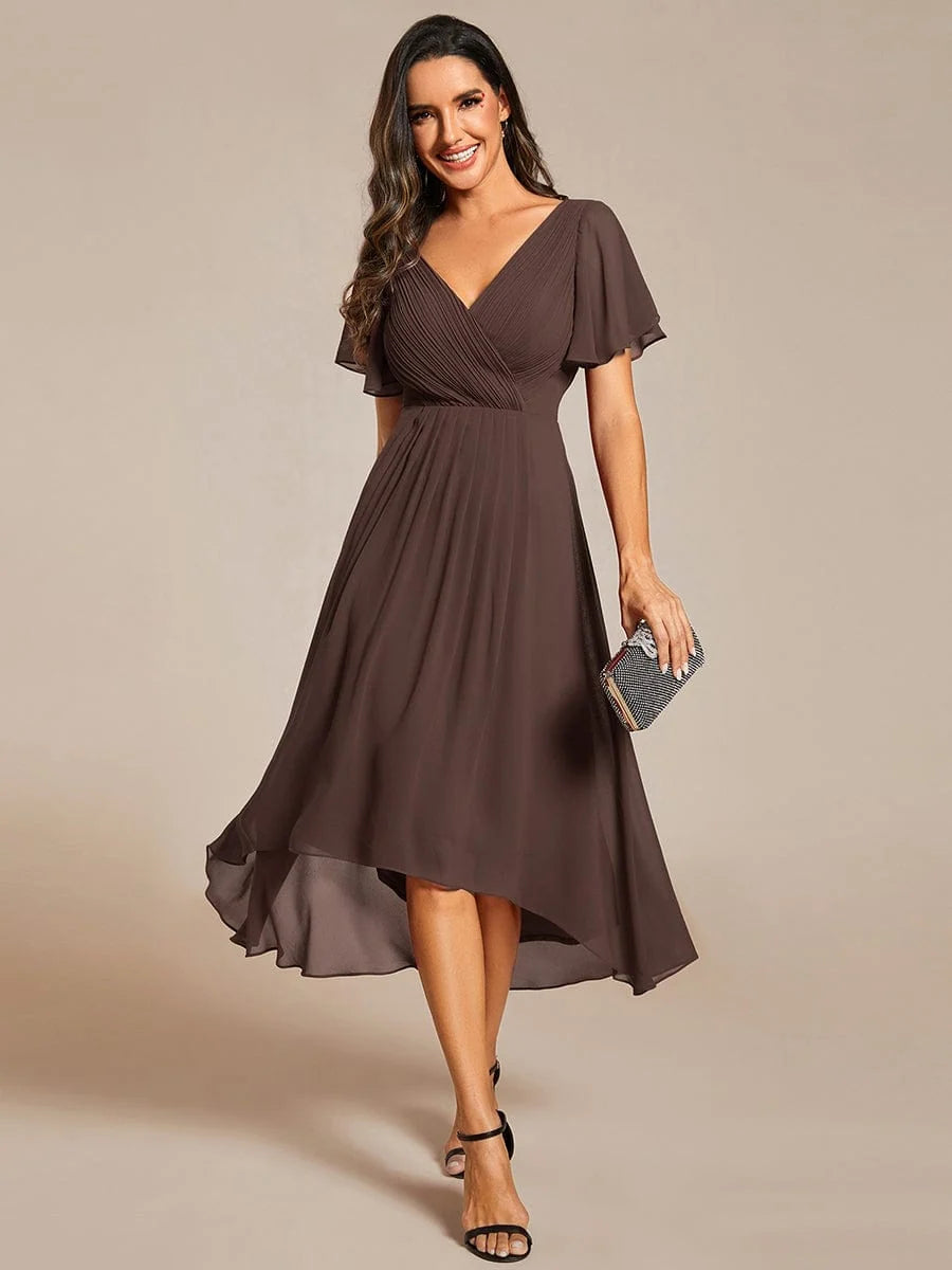 Chiffon Dress V-Neck Short Sleeve Hi-Lo Hem