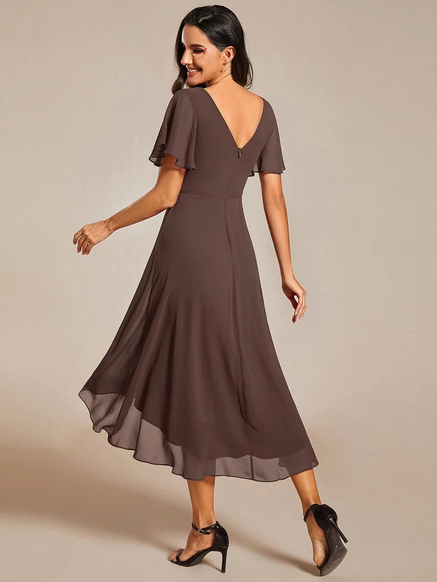 Chiffon Dress V-Neck Short Sleeve Hi-Lo Hem