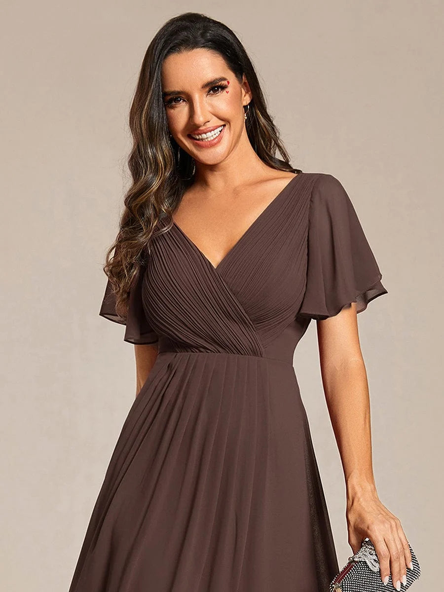 Chiffon Dress V-Neck Short Sleeve Hi-Lo Hem