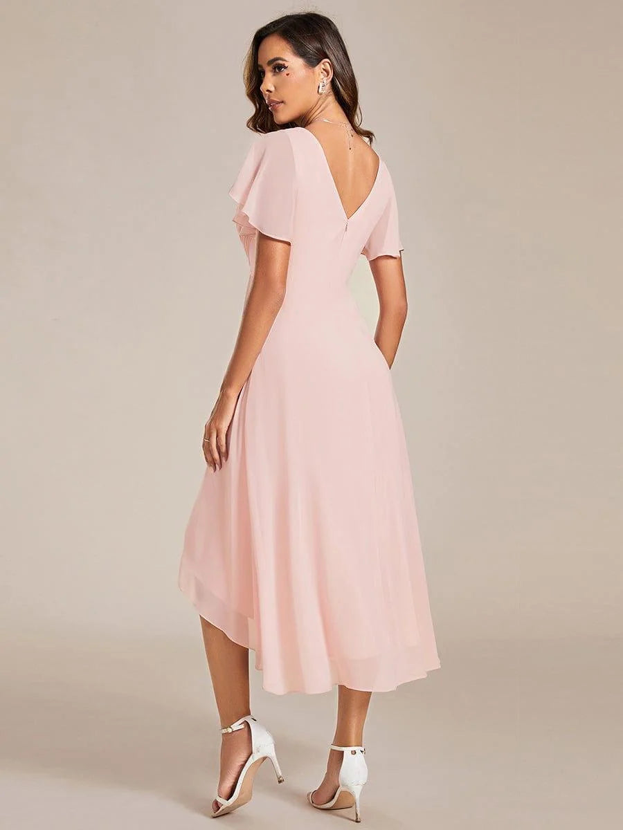Chiffon Dress V-Neck Short Sleeve Hi-Lo Hem