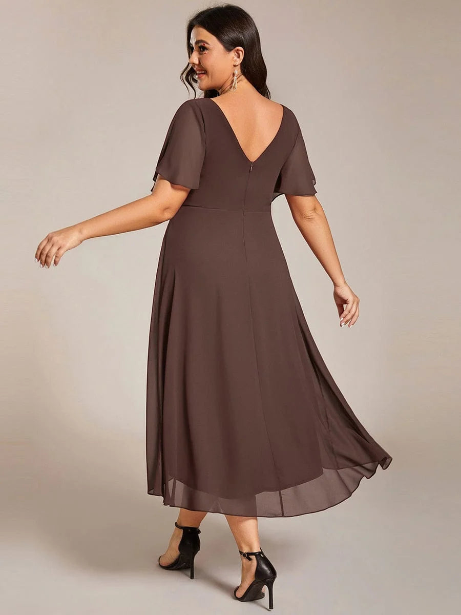 Chiffon Dress V-Neck Short Sleeve Hi-Lo Hem