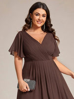 Chiffon Dress V-Neck Short Sleeve Hi-Lo Hem