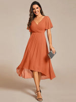 Chiffon Dress V-Neck Short Sleeve Hi-Lo Hem