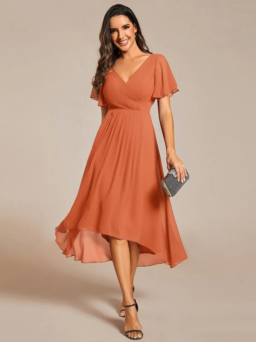 Chiffon Dress V-Neck Short Sleeve Hi-Lo Hem