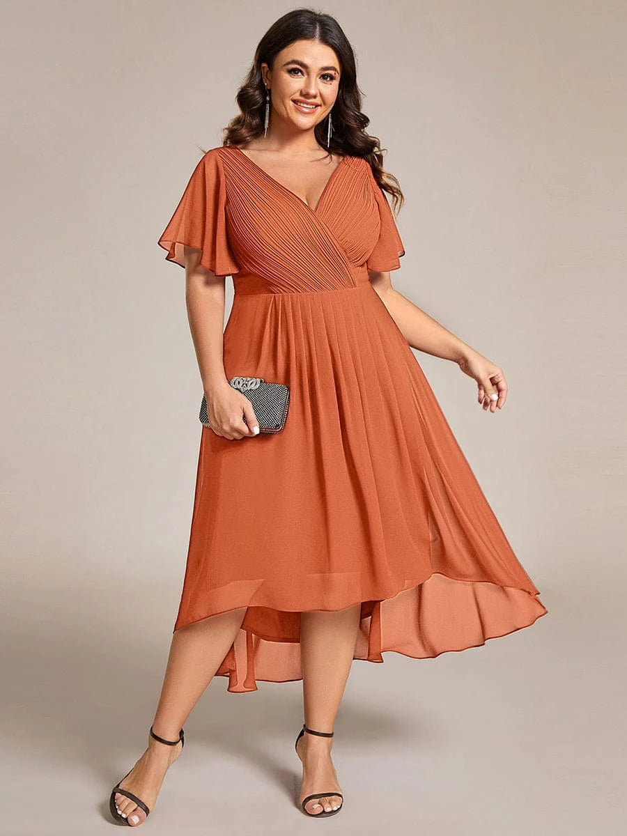 Chiffon Dress V-Neck Short Sleeve Hi-Lo Hem
