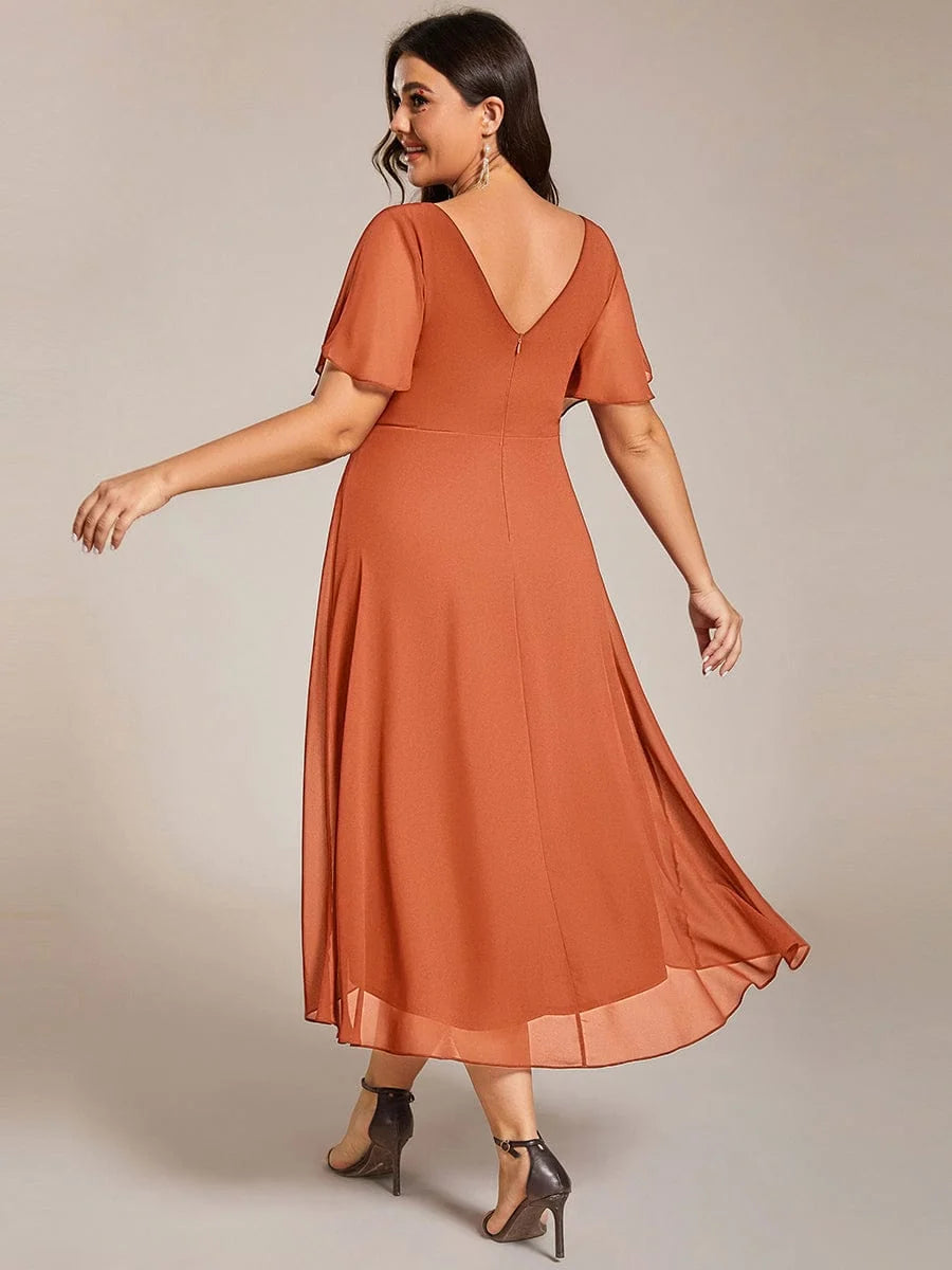 Chiffon Dress V-Neck Short Sleeve Hi-Lo Hem