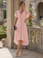 Chiffon Dress V-Neck Short Sleeve Hi-Lo Hem