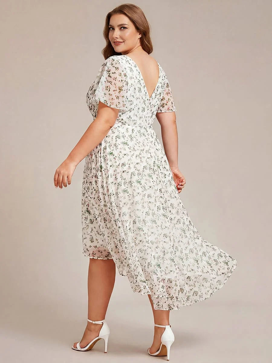 Chiffon Dress V-Neck Short Sleeve Hi-Lo Hem
