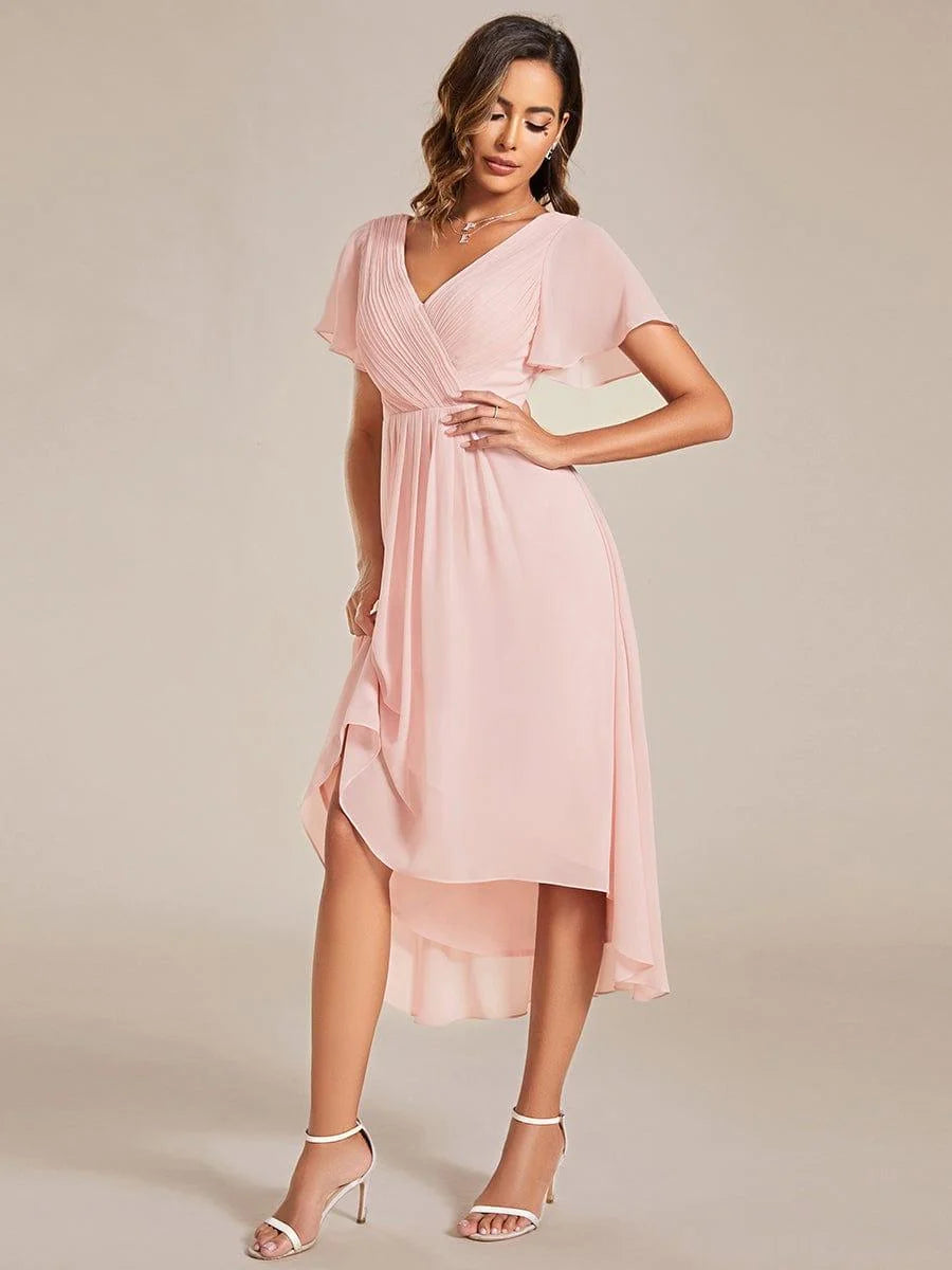 Chiffon Dress V-Neck Short Sleeve Hi-Lo Hem