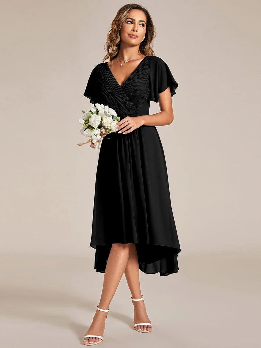Chiffon Dress V-Neck Short Sleeve Hi-Lo Hem