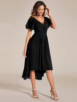 Chiffon Dress V-Neck Short Sleeve Hi-Lo Hem