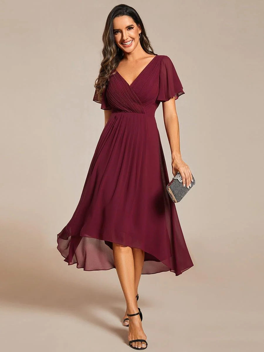 Chiffon Dress V-Neck Short Sleeve Hi-Lo Hem