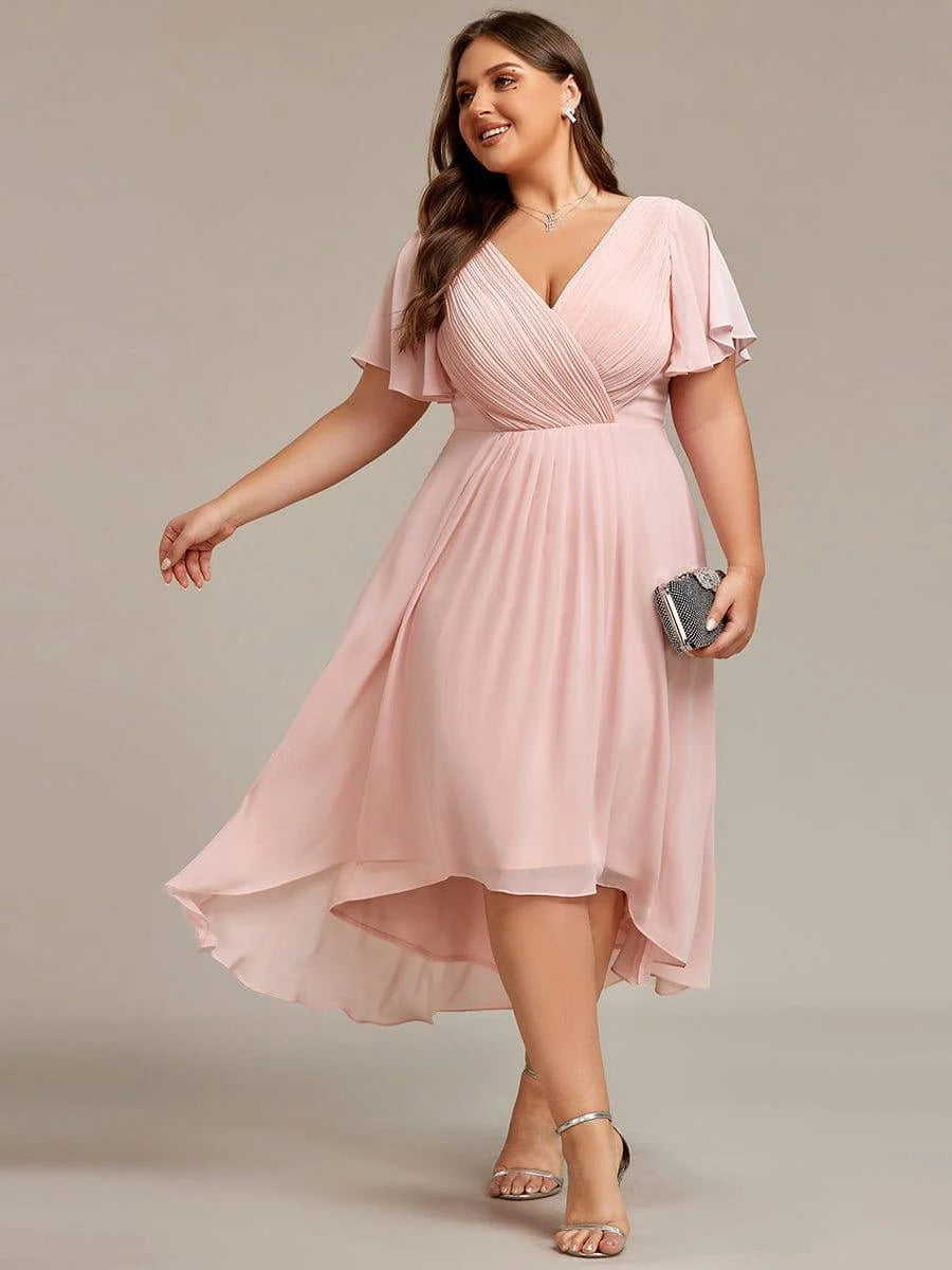 Chiffon Dress V-Neck Short Sleeve Hi-Lo Hem
