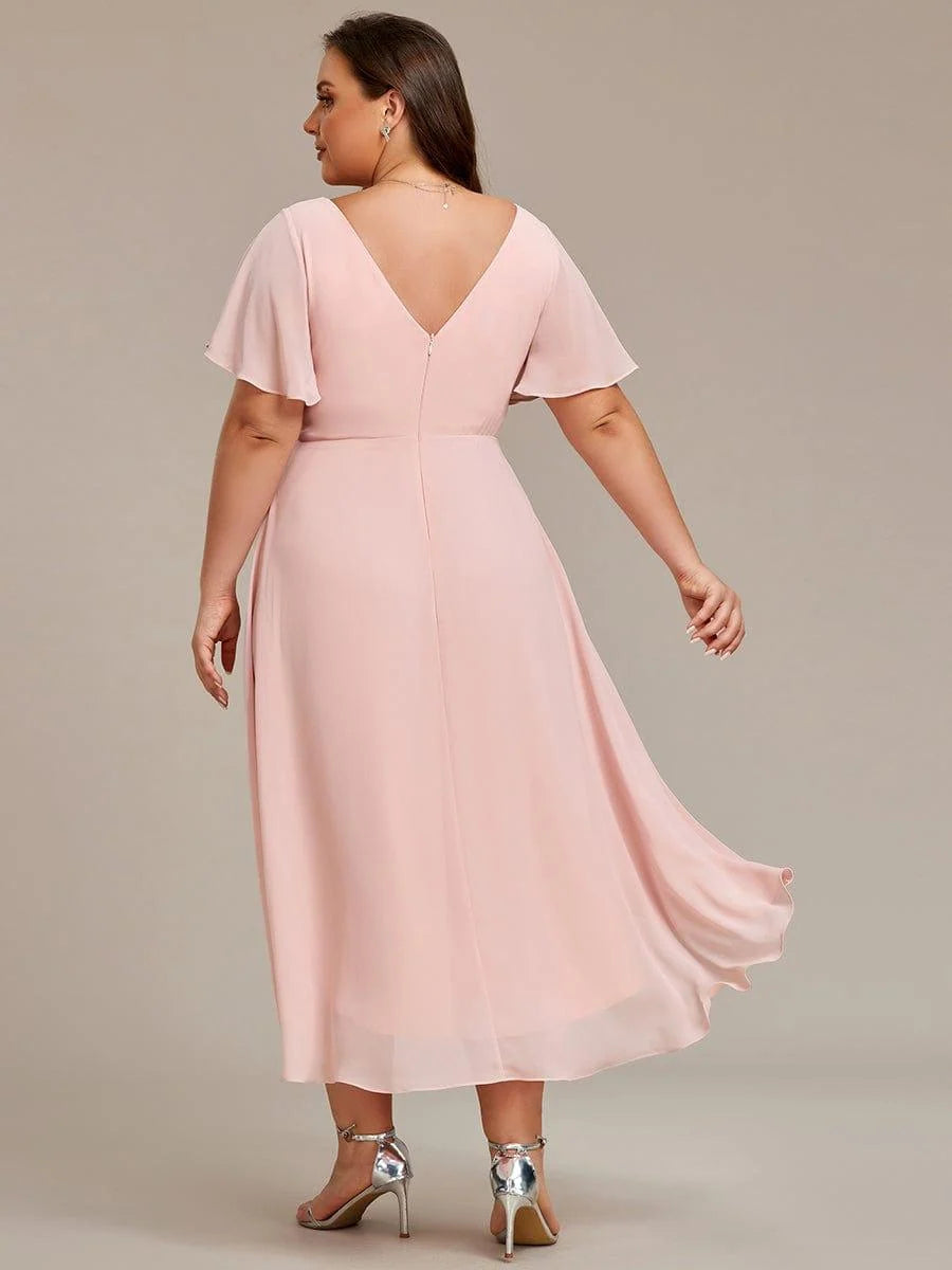 Chiffon Dress V-Neck Short Sleeve Hi-Lo Hem