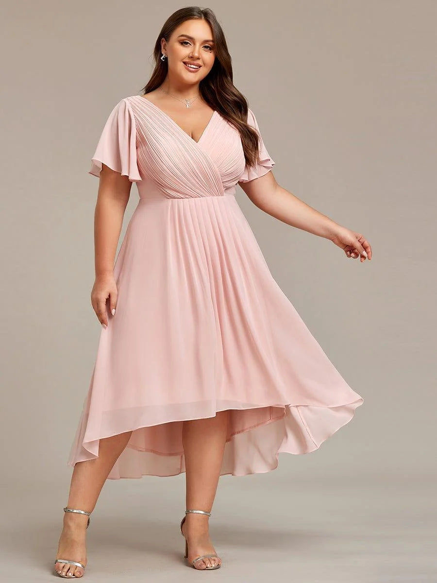 Chiffon Dress V-Neck Short Sleeve Hi-Lo Hem