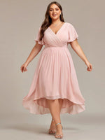 Chiffon Dress V-Neck Short Sleeve Hi-Lo Hem