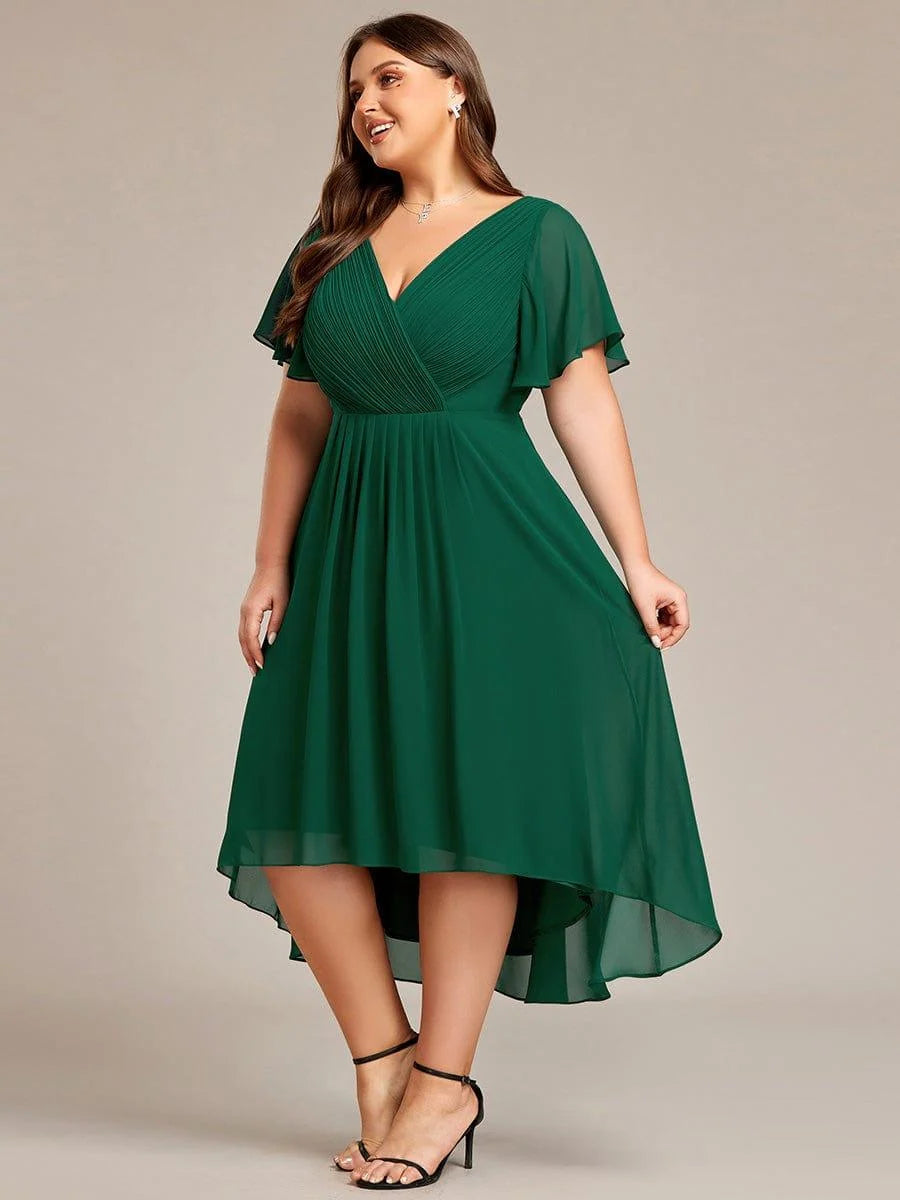Chiffon Dress V-Neck Short Sleeve Hi-Lo Hem