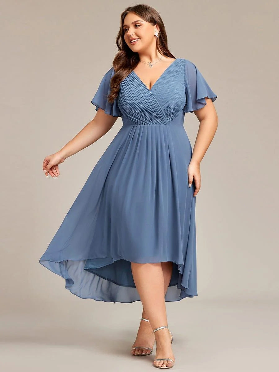 Chiffon Dress V-Neck Short Sleeve Hi-Lo Hem