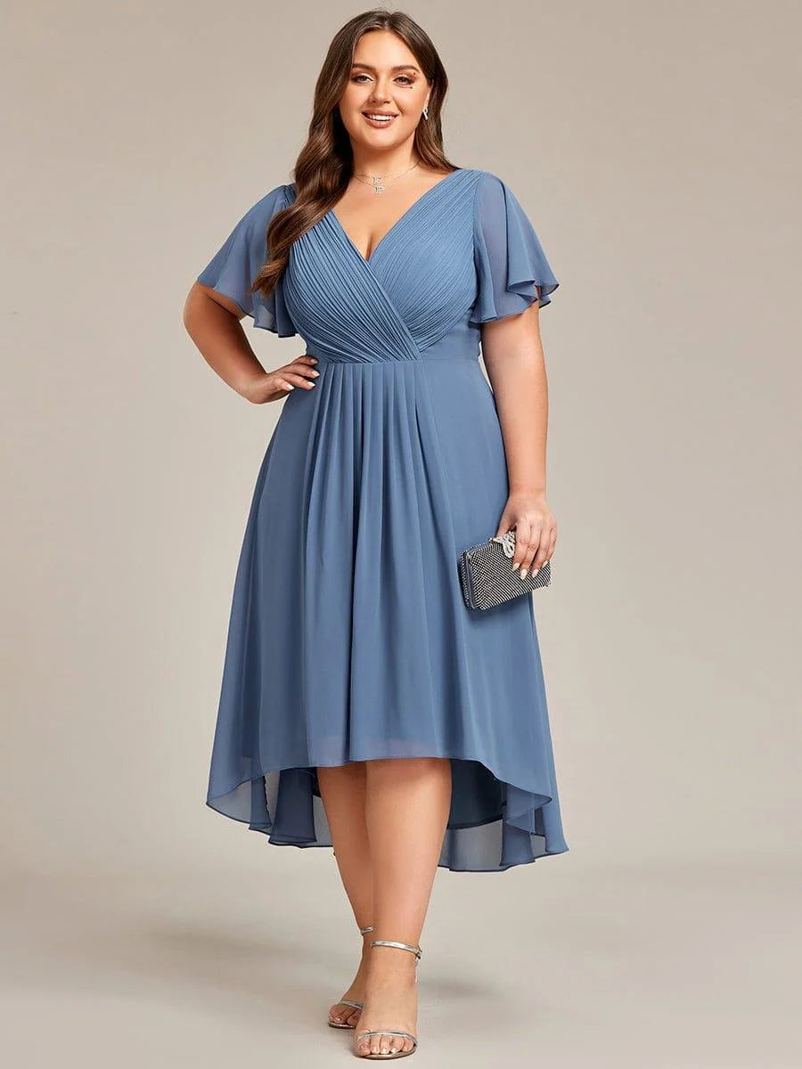 Chiffon Dress V-Neck Short Sleeve Hi-Lo Hem