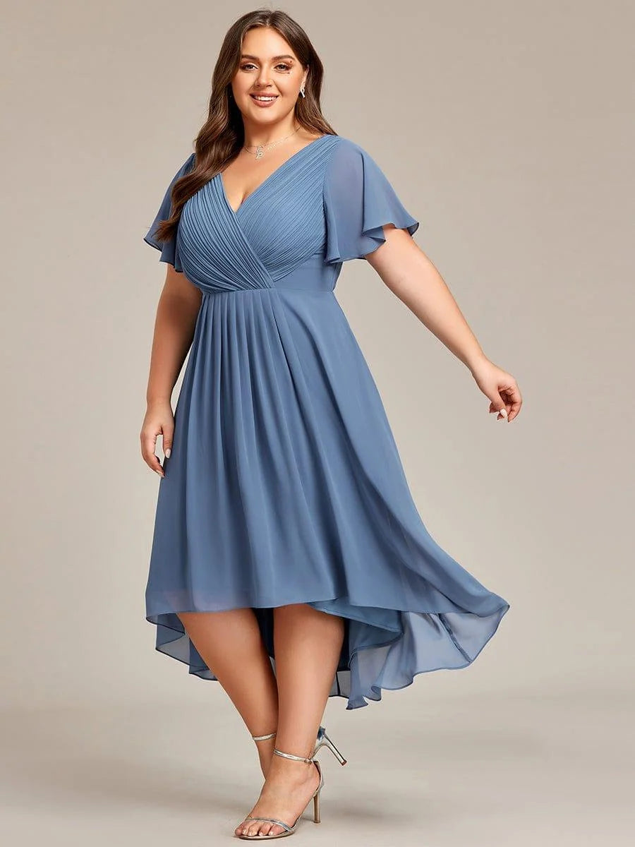 Chiffon Dress V-Neck Short Sleeve Hi-Lo Hem