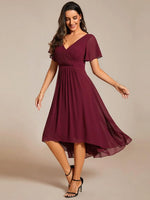 Chiffon Dress V-Neck Short Sleeve Hi-Lo Hem