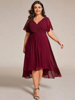 Chiffon Dress V-Neck Short Sleeve Hi-Lo Hem