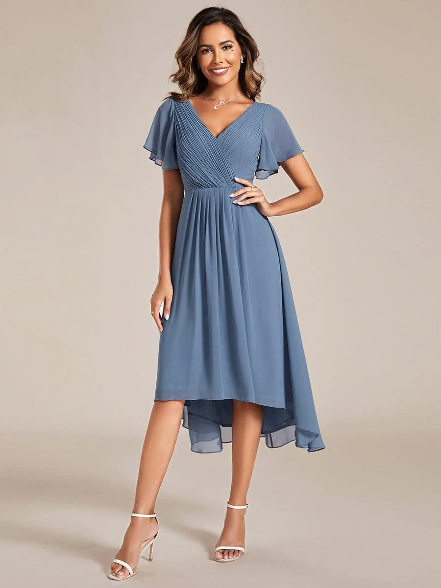 Chiffon Dress V-Neck Short Sleeve Hi-Lo Hem