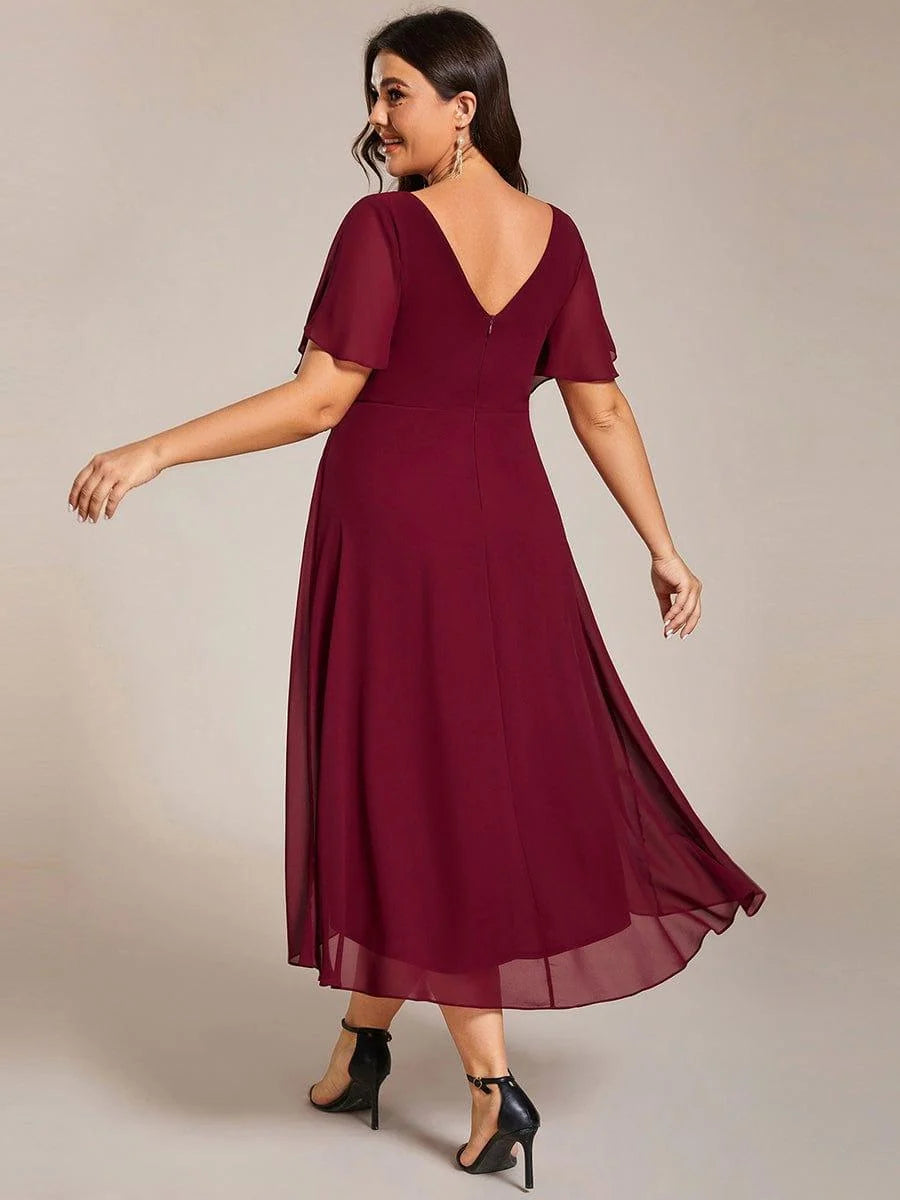 Chiffon Dress V-Neck Short Sleeve Hi-Lo Hem