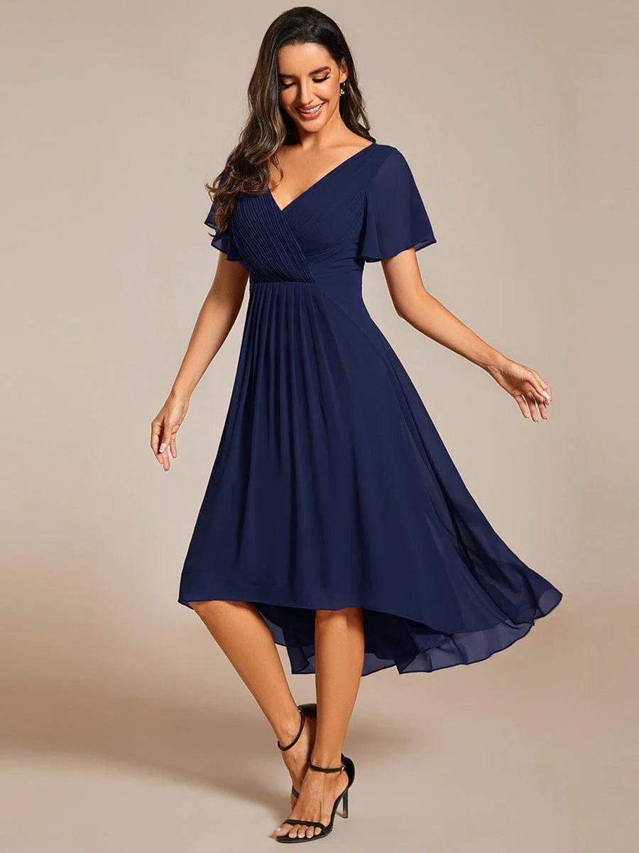 Chiffon Dress V-Neck Short Sleeve Hi-Lo Hem