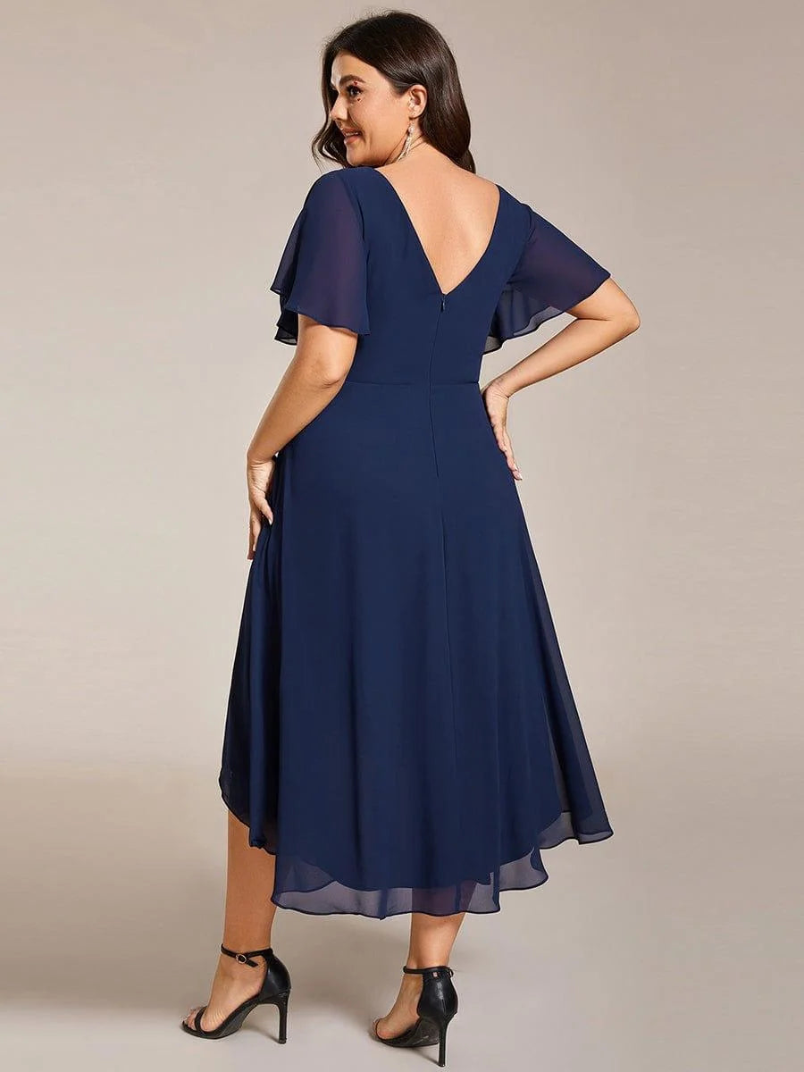 Chiffon Dress V-Neck Short Sleeve Hi-Lo Hem