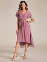 Chiffon Dress V-Neck Short Sleeve Hi-Lo Hem