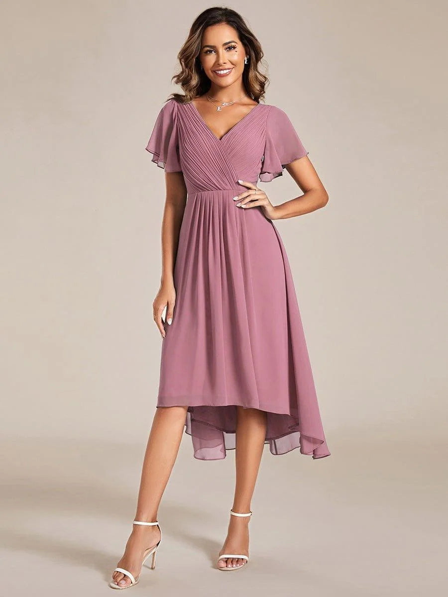 Chiffon Dress V-Neck Short Sleeve Hi-Lo Hem