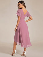Chiffon Dress V-Neck Short Sleeve Hi-Lo Hem