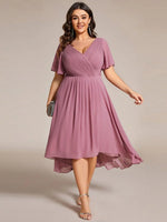 Chiffon Dress V-Neck Short Sleeve Hi-Lo Hem