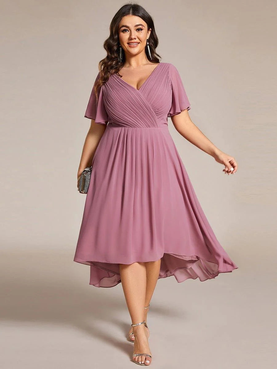 Chiffon Dress V-Neck Short Sleeve Hi-Lo Hem