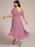 Chiffon Dress V-Neck Short Sleeve Hi-Lo Hem
