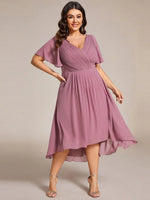 Chiffon Dress V-Neck Short Sleeve Hi-Lo Hem