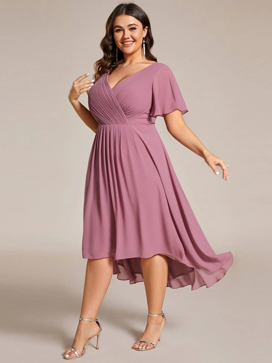 Chiffon Dress V-Neck Short Sleeve Hi-Lo Hem