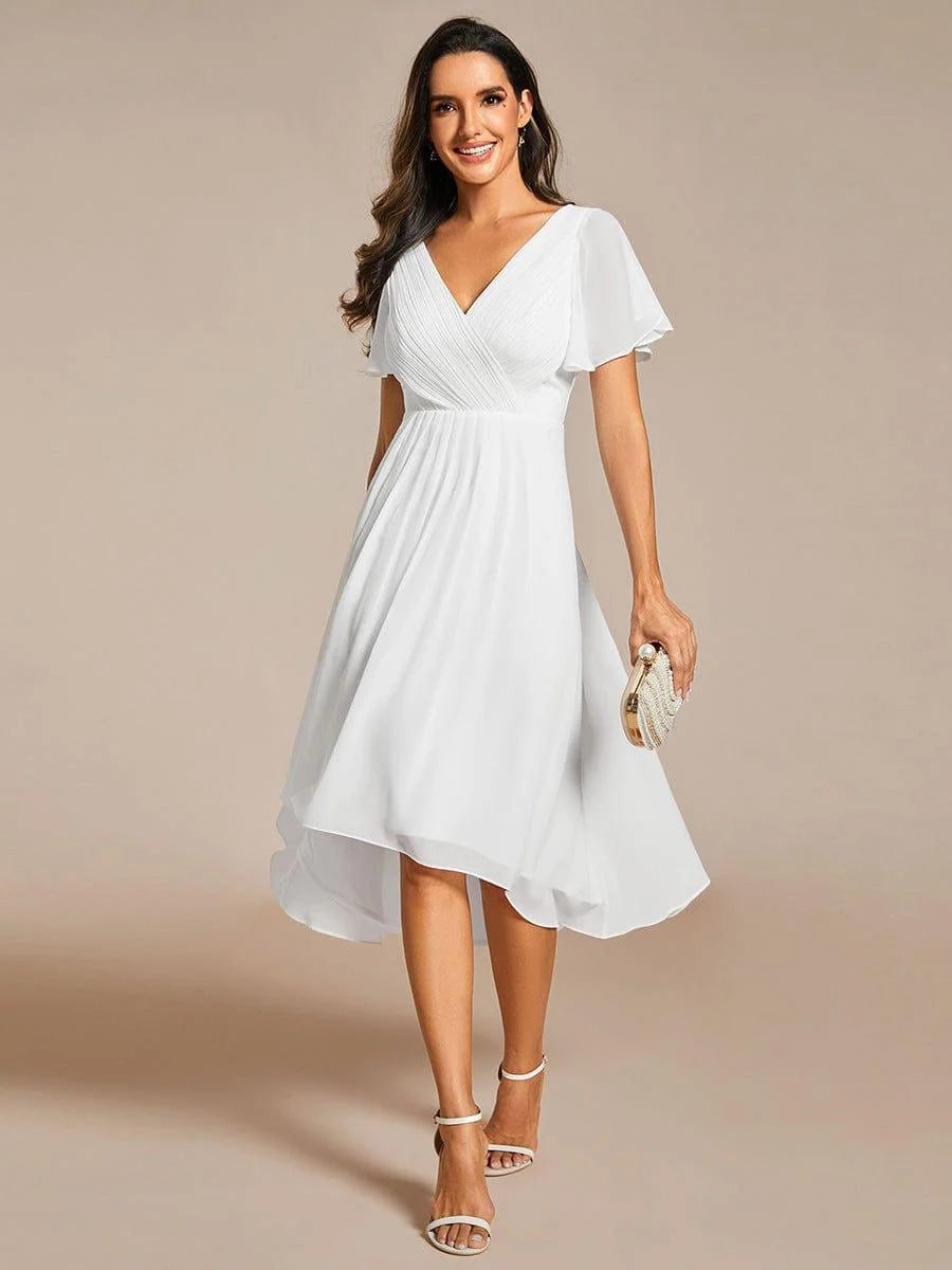 Chiffon Dress V-Neck Short Sleeve Hi-Lo Hem