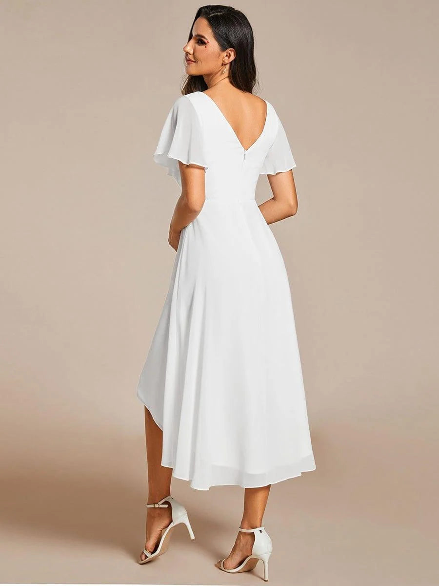 Chiffon Dress V-Neck Short Sleeve Hi-Lo Hem
