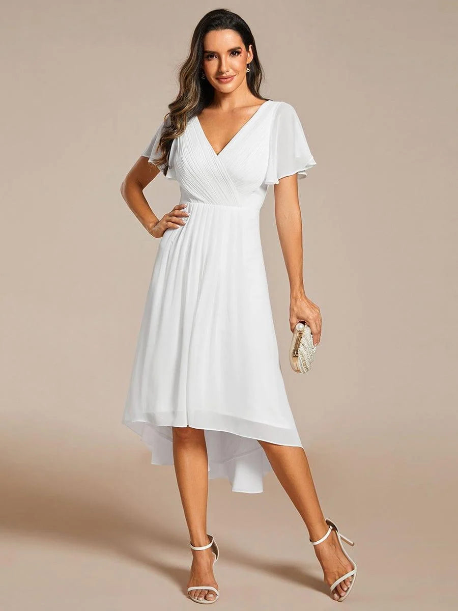 Chiffon Dress V-Neck Short Sleeve Hi-Lo Hem